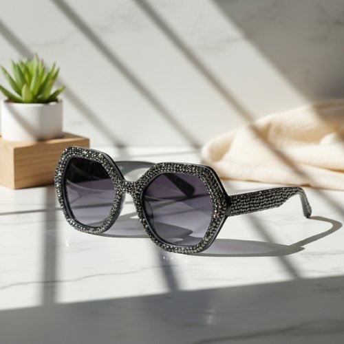 Midnight Crystal Hex Sunglasses – Luxury Hexagonal Fashion Shades