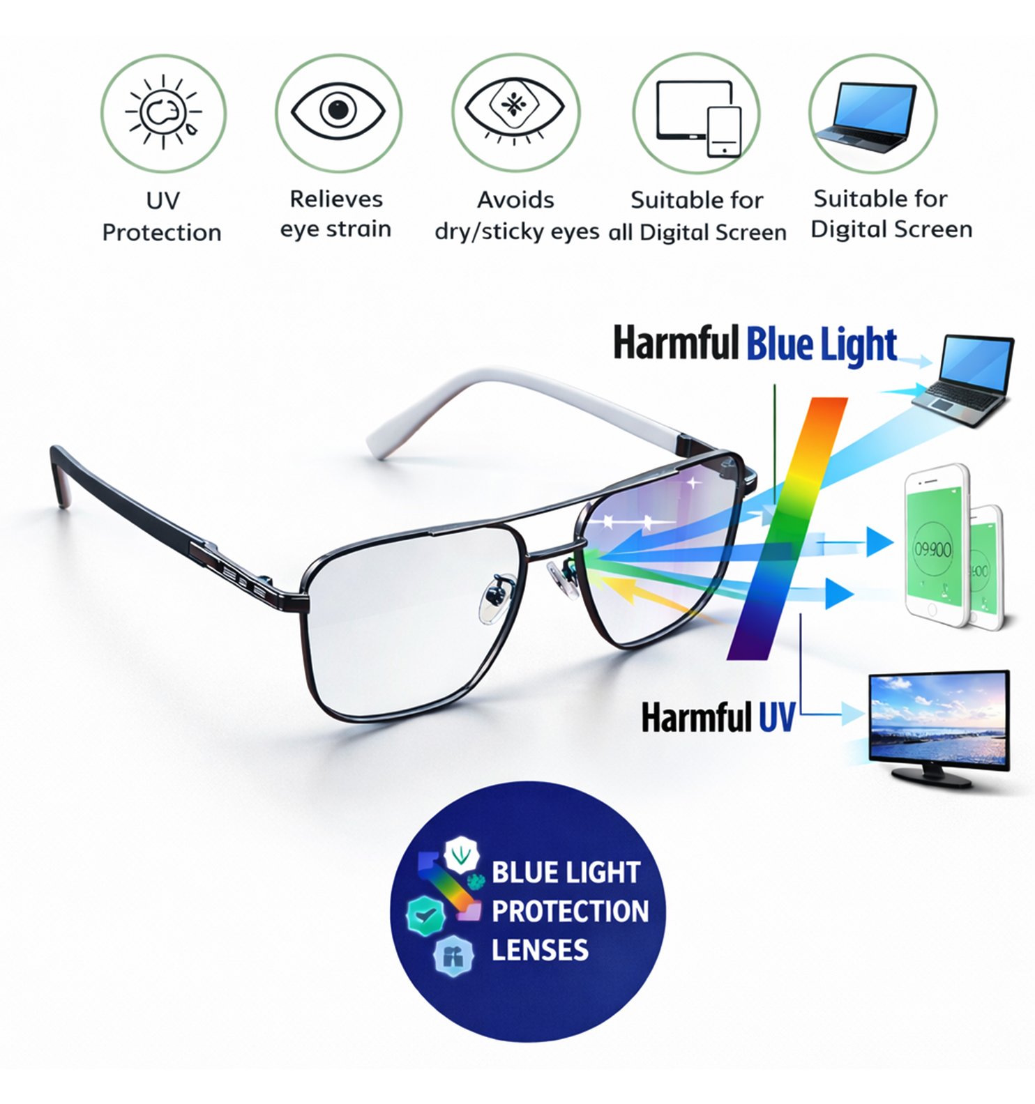 Blue Block Photochromic Metal Rim Eyeglasses – Pre-Fitted Blue Light & Photochromic Lenses (Black, Golden, Gunmetal, Silver)