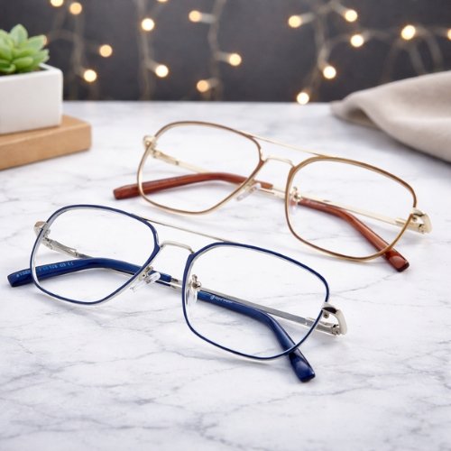 Classic Pilot Full Rim Eyeglasses for Men | Lightweight Metal Frame (Blue & Brown)