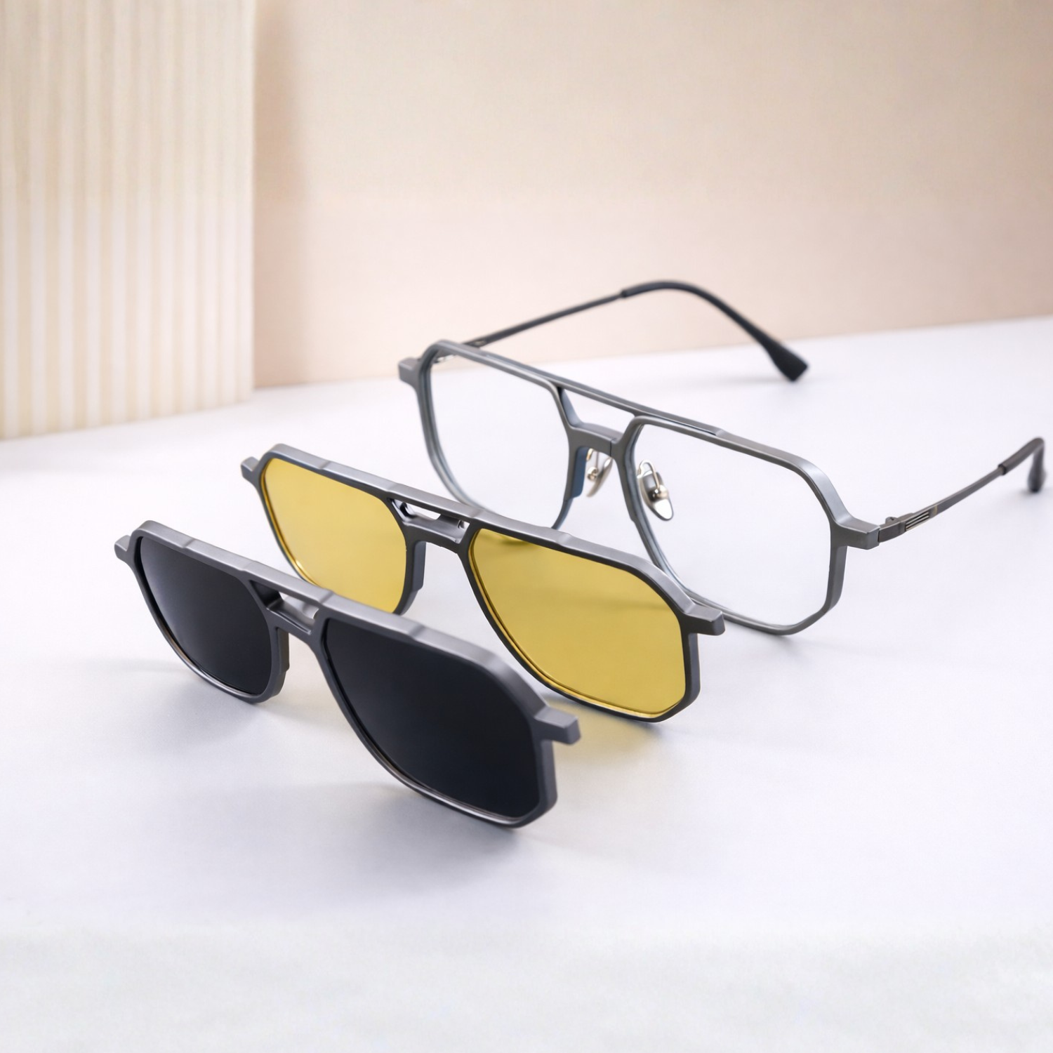 Clip On Glasses–Dual-Mode Eyeglasses with Snap-On Sunglass Clip (Black,Yellow)