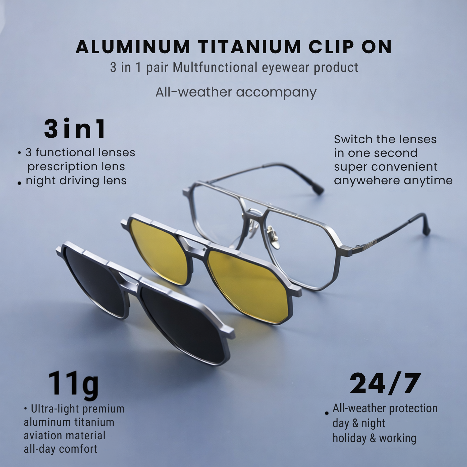 Clip On Glasses–Dual-Mode Eyeglasses with Snap-On Sunglass Clip (Black,Yellow)