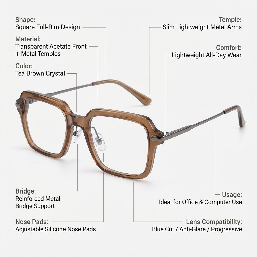 OG Amber Luxe Full Rim Square Eyeglasses | Premium Glossy Acetate Optical Frame for Men