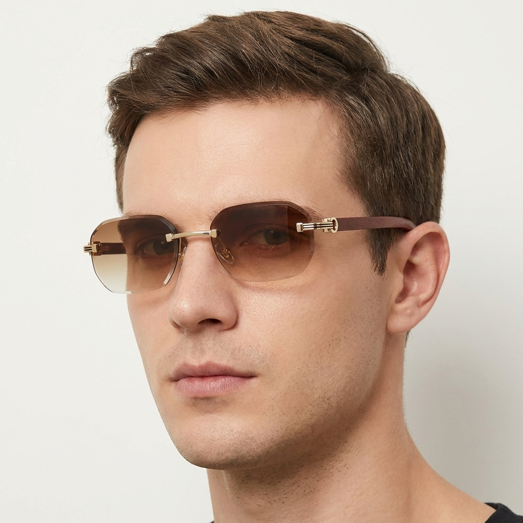 OG Arctic Phantom | Luxury Rimless Ice Blue Geometric Sunglasses with Gold Skull Temples
