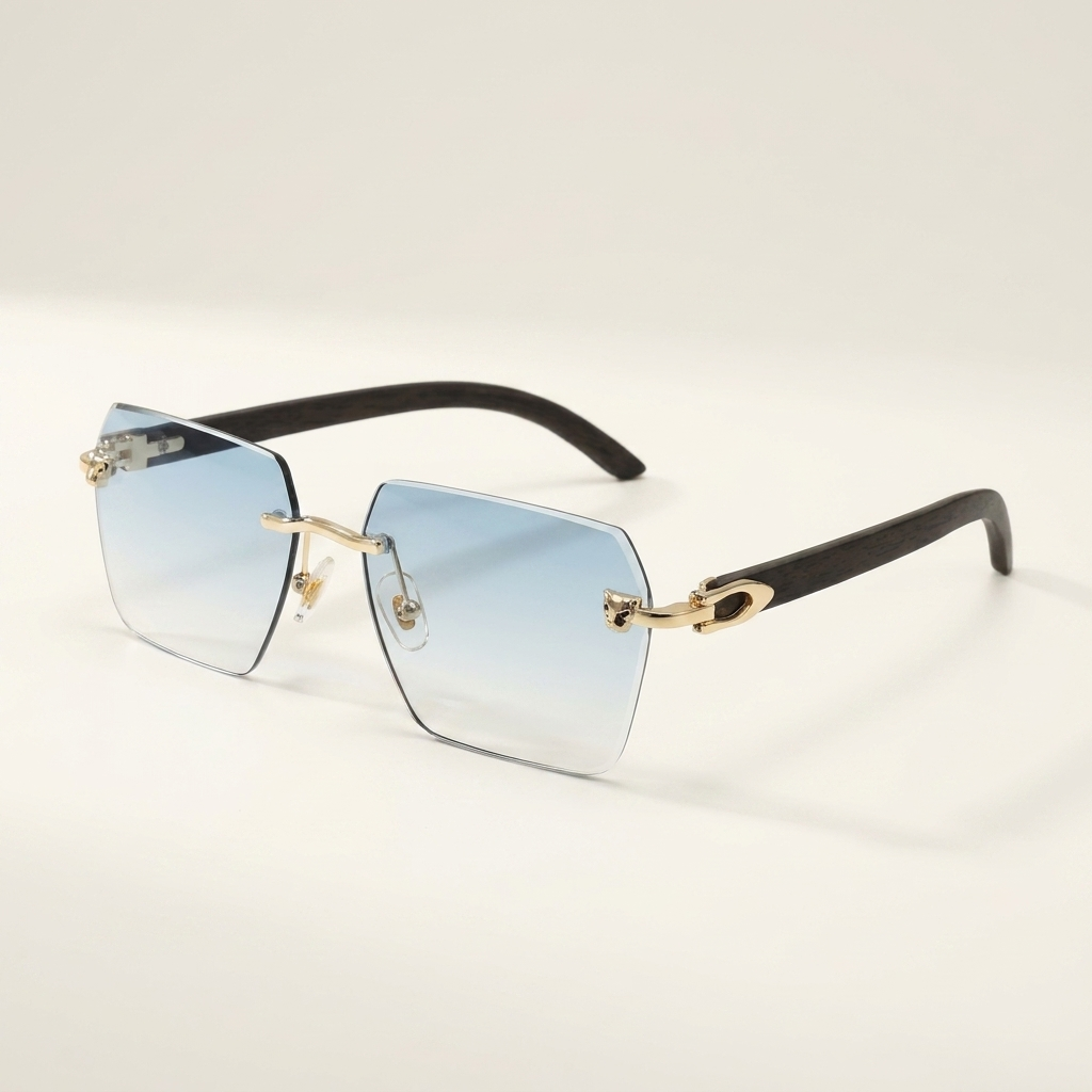 OG Arctic Phantom | Luxury Rimless Ice Blue Geometric Sunglasses with Gold Skull Temples