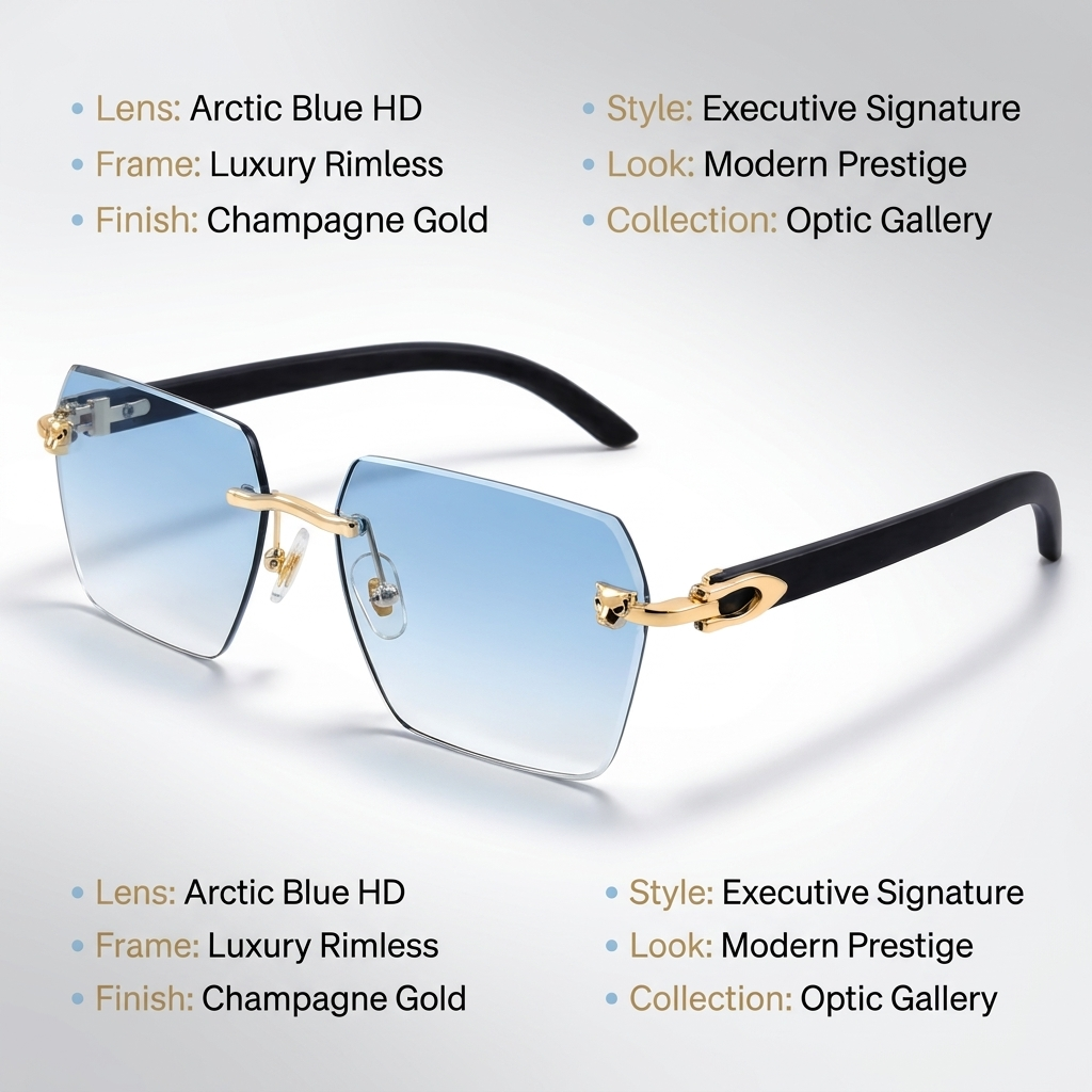 OG Arctic Phantom | Luxury Rimless Ice Blue Geometric Sunglasses with Gold Skull Temples