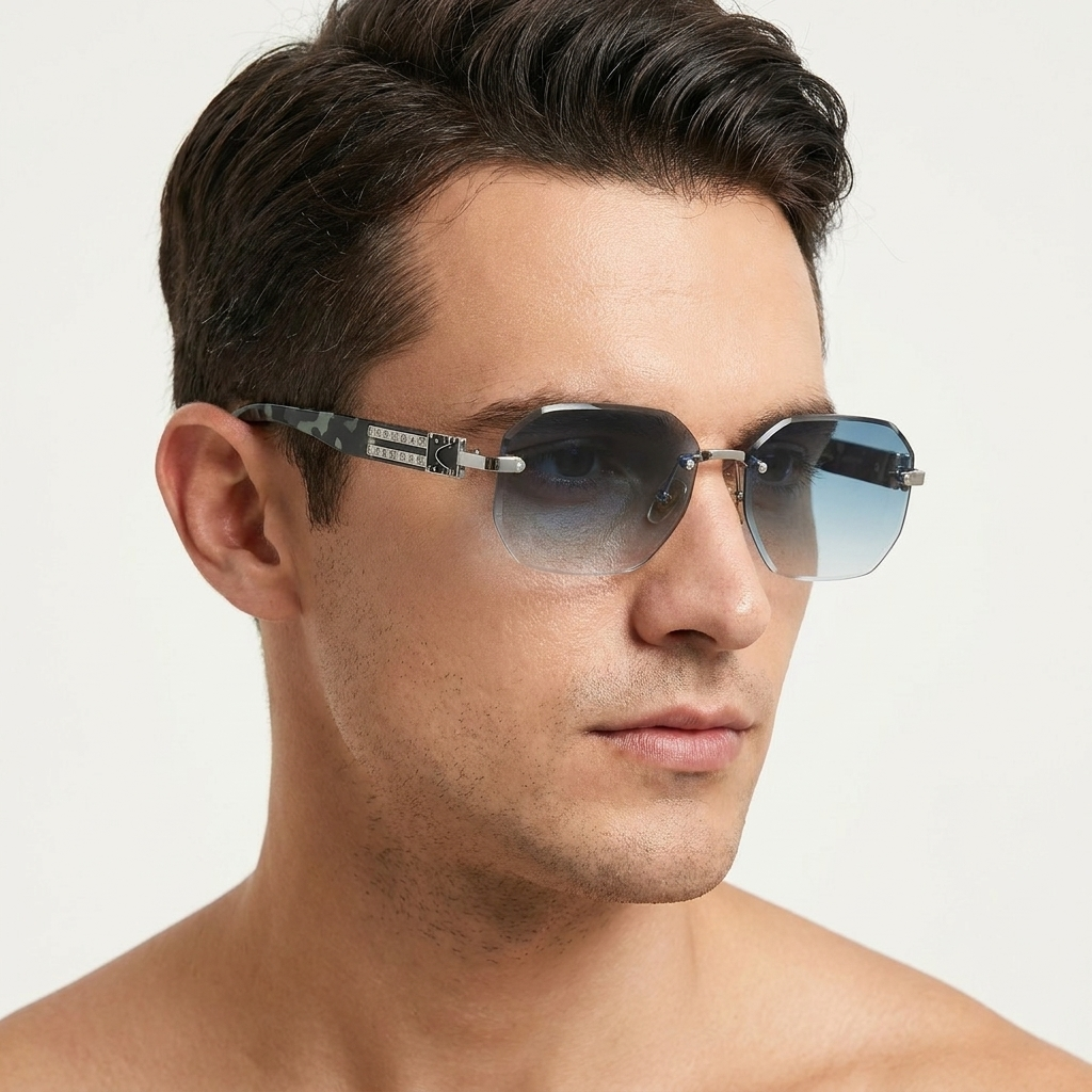 OG Arctic Phantom | Luxury Rimless Ice Blue Gradient Sunglasses with Camo Heritage Temples
