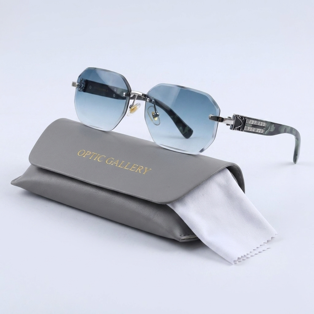 OG Arctic Phantom | Luxury Rimless Ice Blue Gradient Sunglasses with Camo Heritage Temples