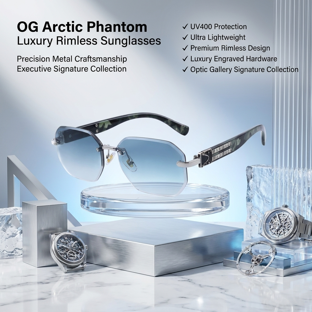 OG Arctic Phantom | Luxury Rimless Ice Blue Gradient Sunglasses with Camo Heritage Temples