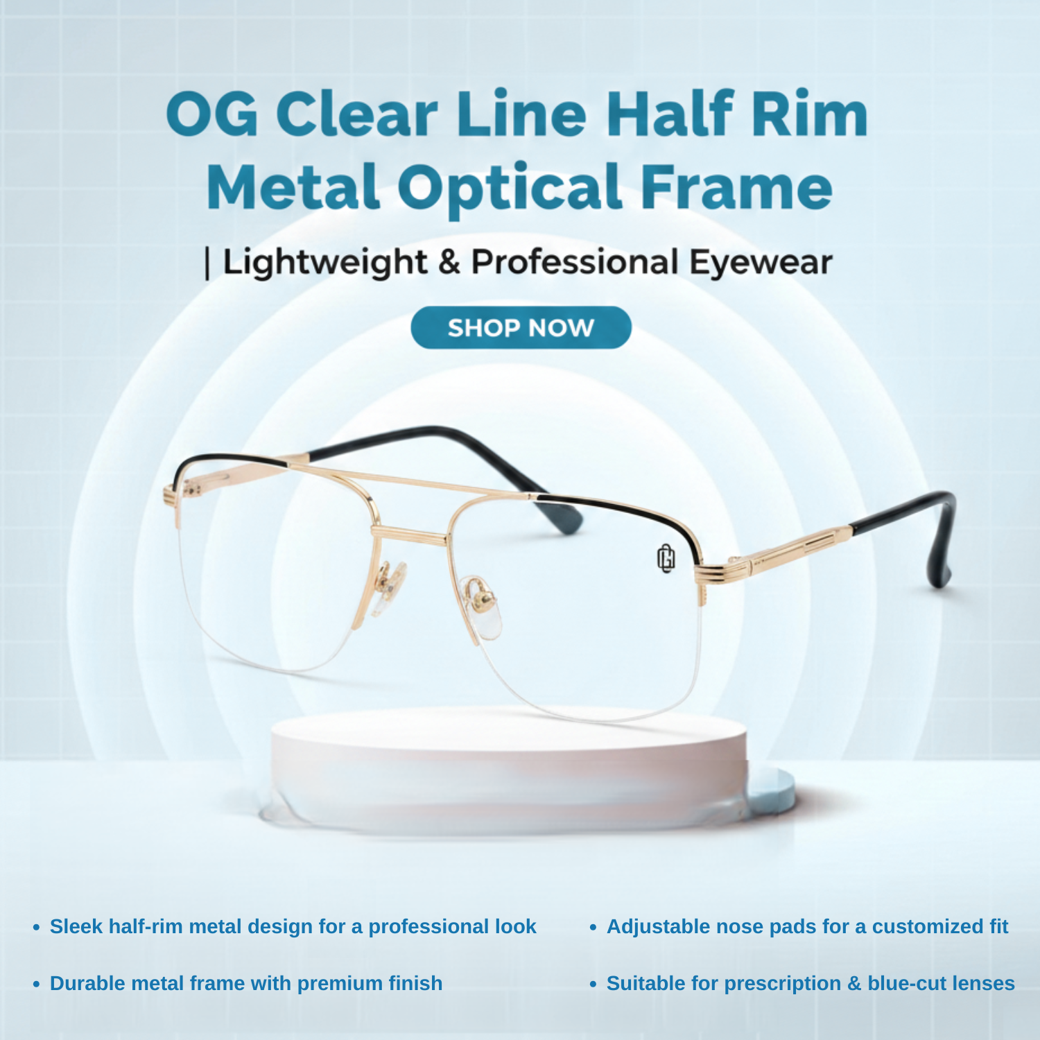 OG Clear Line Half Rim Metal Optical Frame | Lightweight & Professional Eyewear
