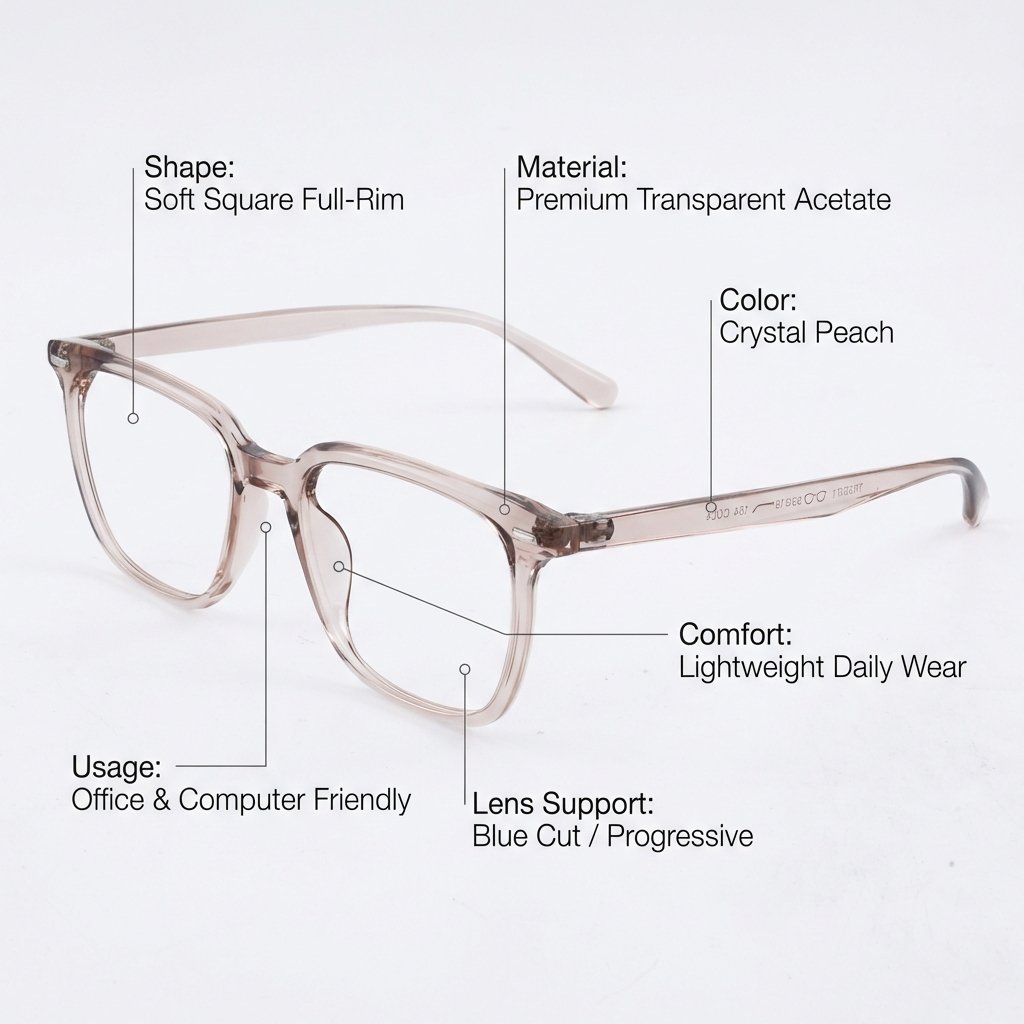 OG Crystal Blush Full Rim Square Eyeglasses | Ultra-Light Transparent Optical Frame for Women
