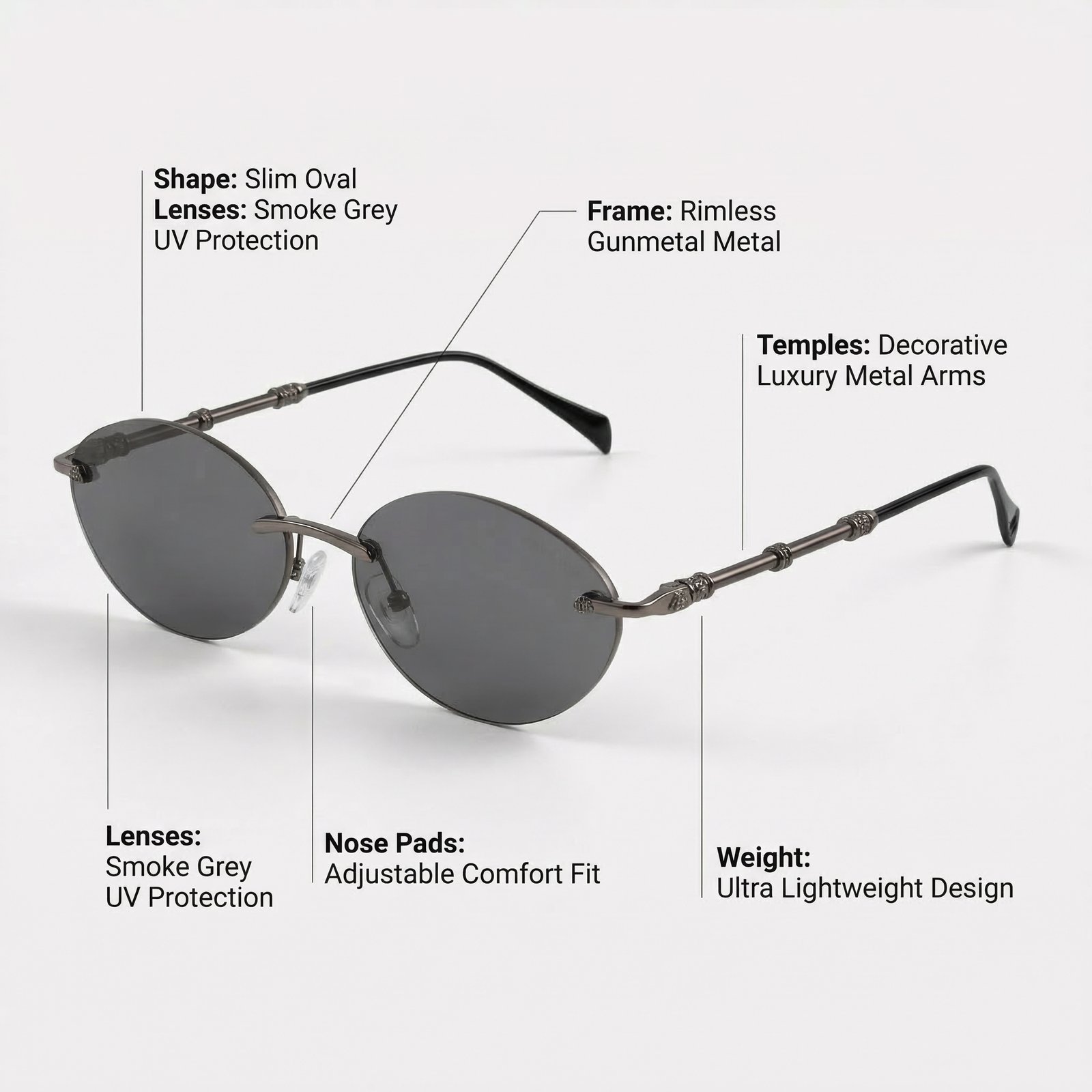 OG Dark Eclipse | Gunmetal Rimless Oval Sunglasses