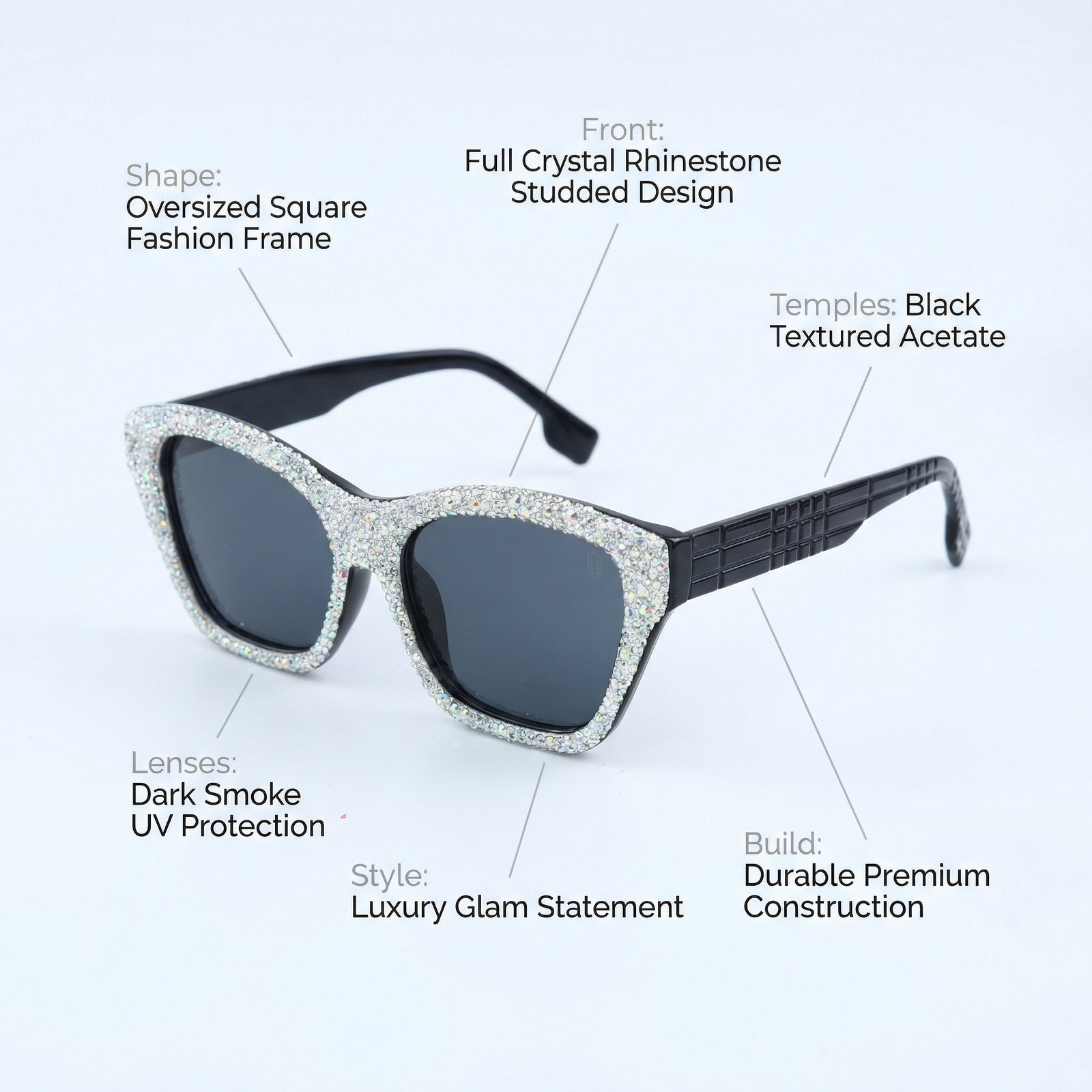 OG Diamond Diva Full Rim Cat-Eye Sunglasses | Crystal Studded Glam Black Party Shades for Women