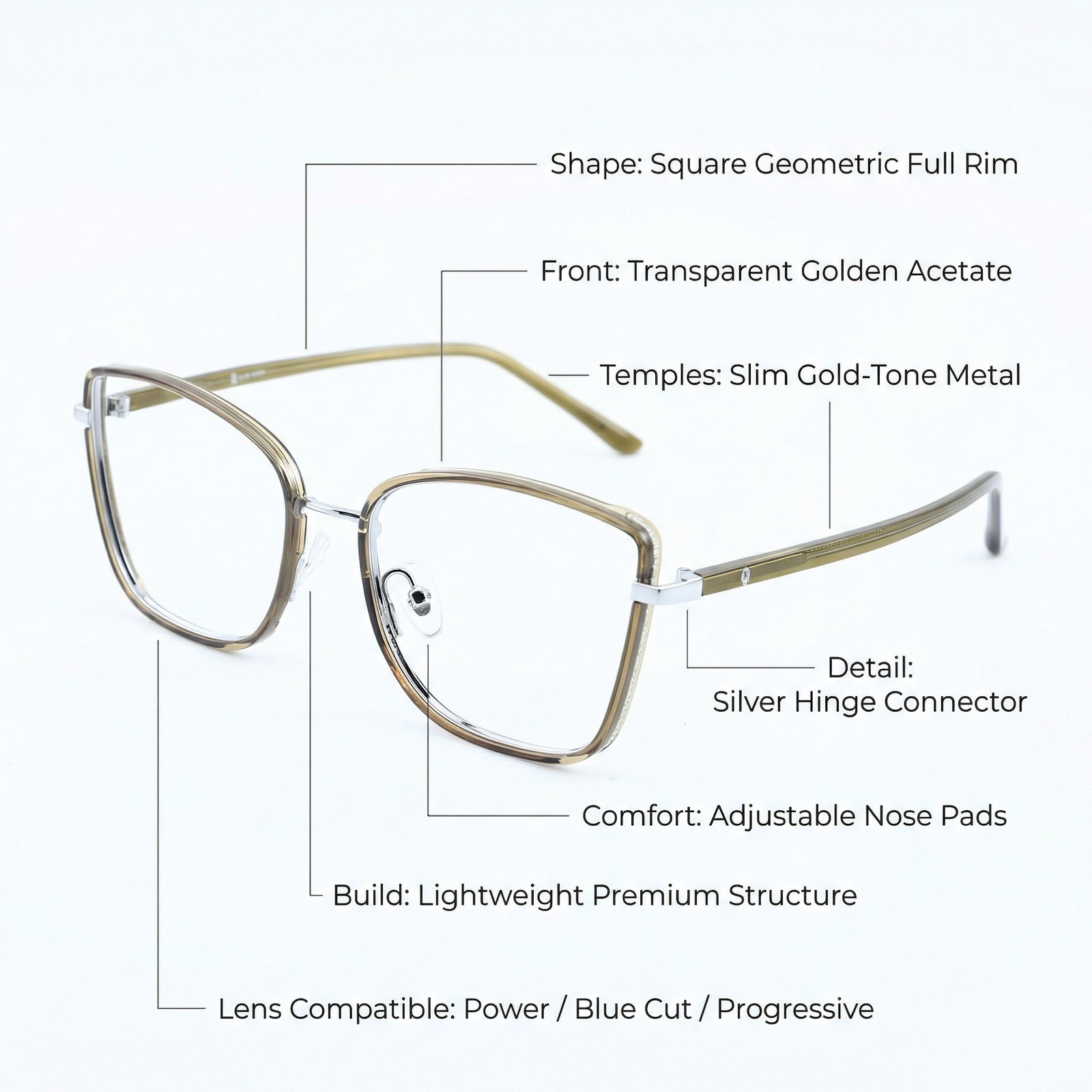 OG Golden Mist Full Rim Square Eyeglasses | Slim Transparent Champagne Frame with Metal Temples for Women