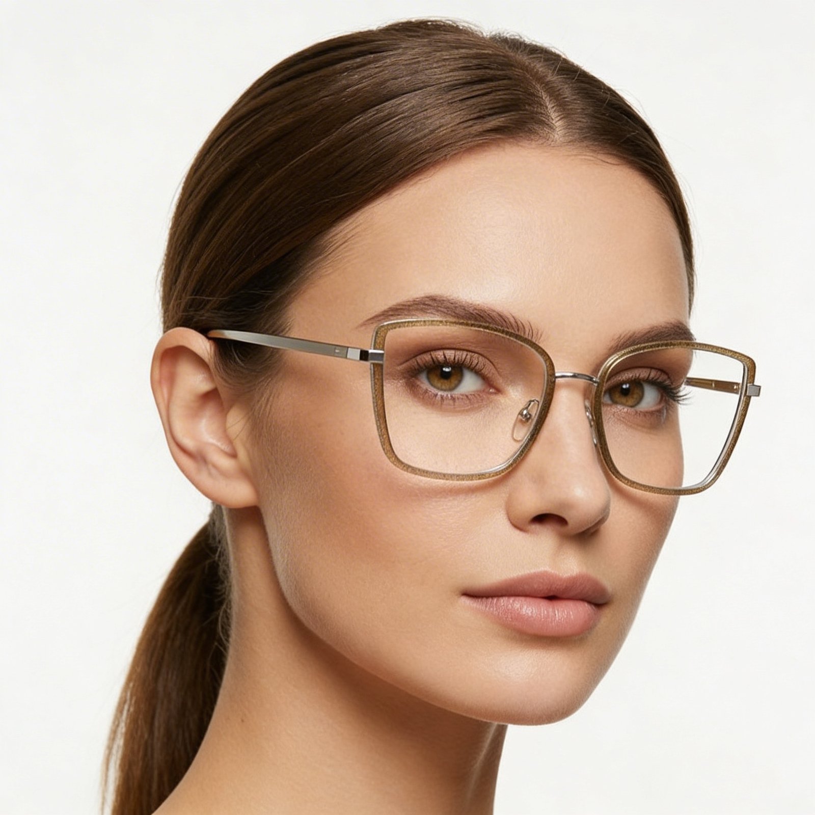 OG Golden Mist Full Rim Square Eyeglasses | Slim Transparent Champagne Frame with Metal Temples for Women