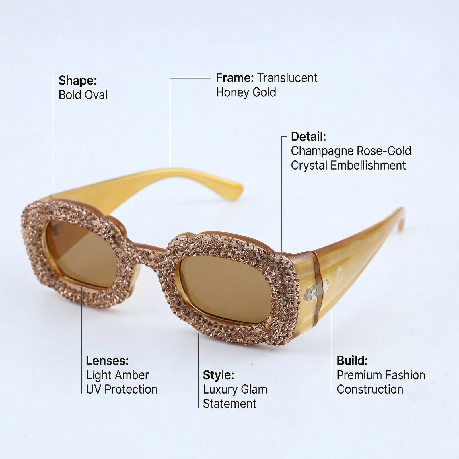 OG Honey Luxe Oval Sunglasses | Gold Crystal-Studded Premium Statement Shades for Women