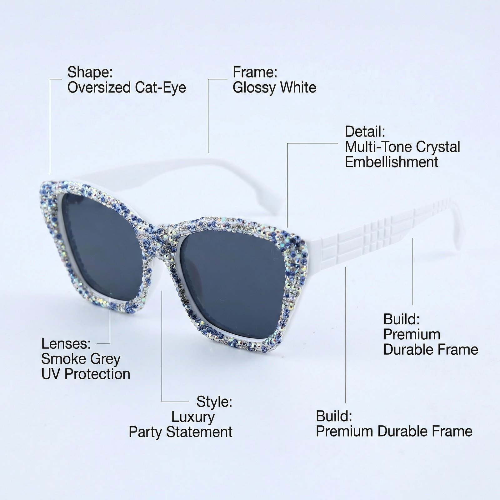 OG Ice Queen Crystal Square Sunglasses | White Frame Diamond-Studded Luxury Statement Shades for Women