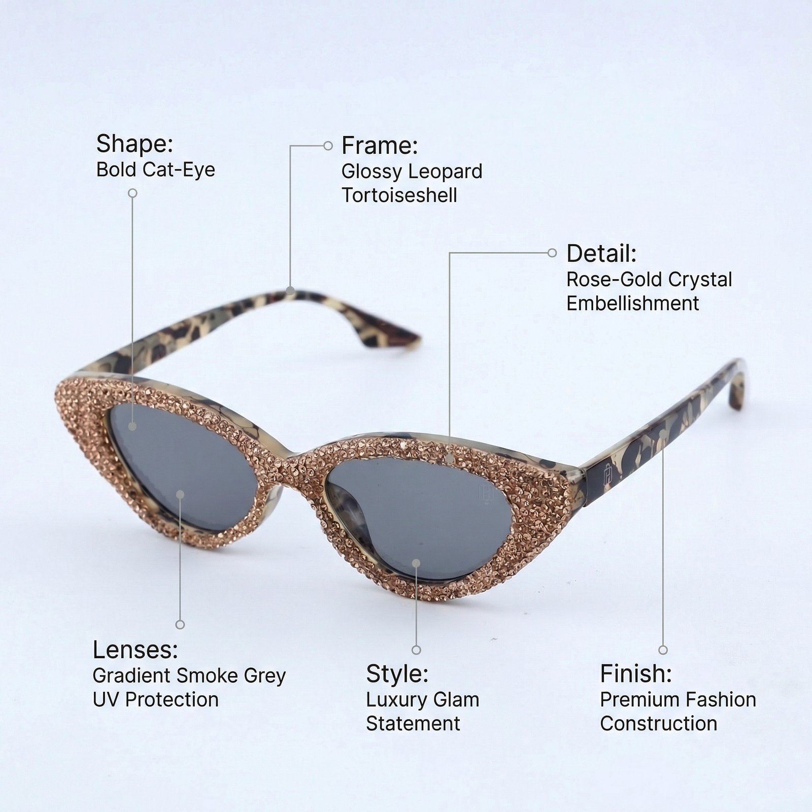 OG Leopard Luxe Crystal Cat-Eye | Gold Studded Designer Statement Sunglasses