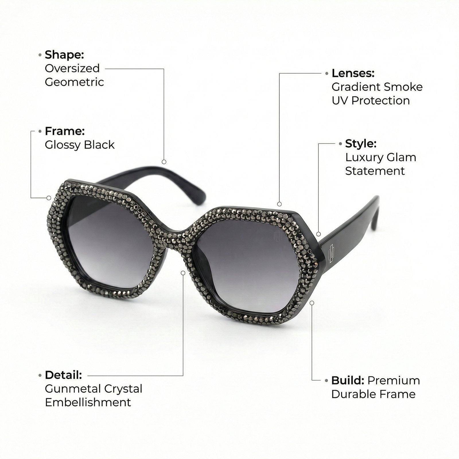 OG Midnight Glam Oversized Sunglasses | Black Crystal Embellished Luxury Statement Shades for Women