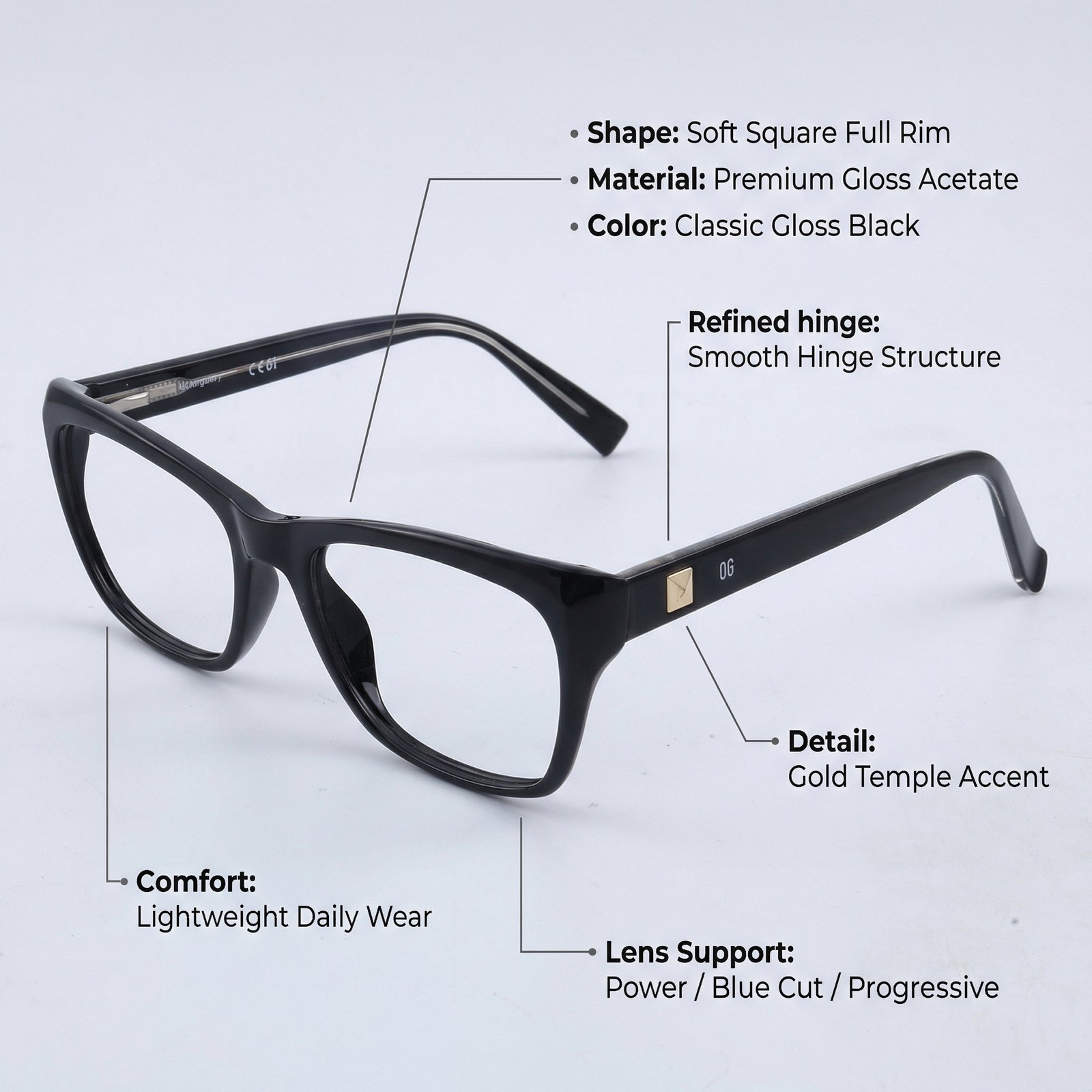 OG Midnight Prime Full Rim Square Eyeglasses | Classic Glossy Black Lightweight Optical Frame for Women