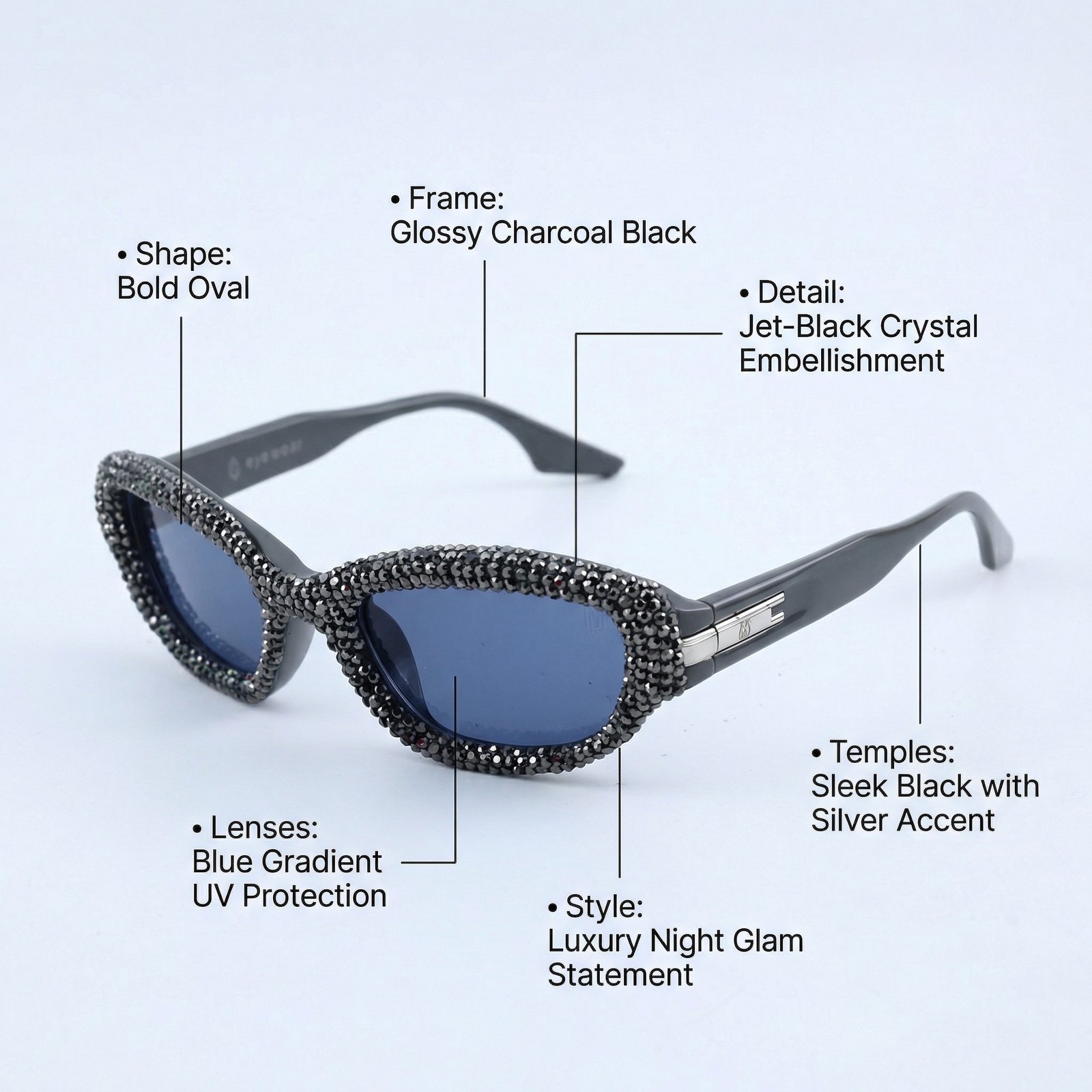 OG Midnight Storm Oval Sunglasses | Black Crystal-Studded Designer Luxury Shades for Women