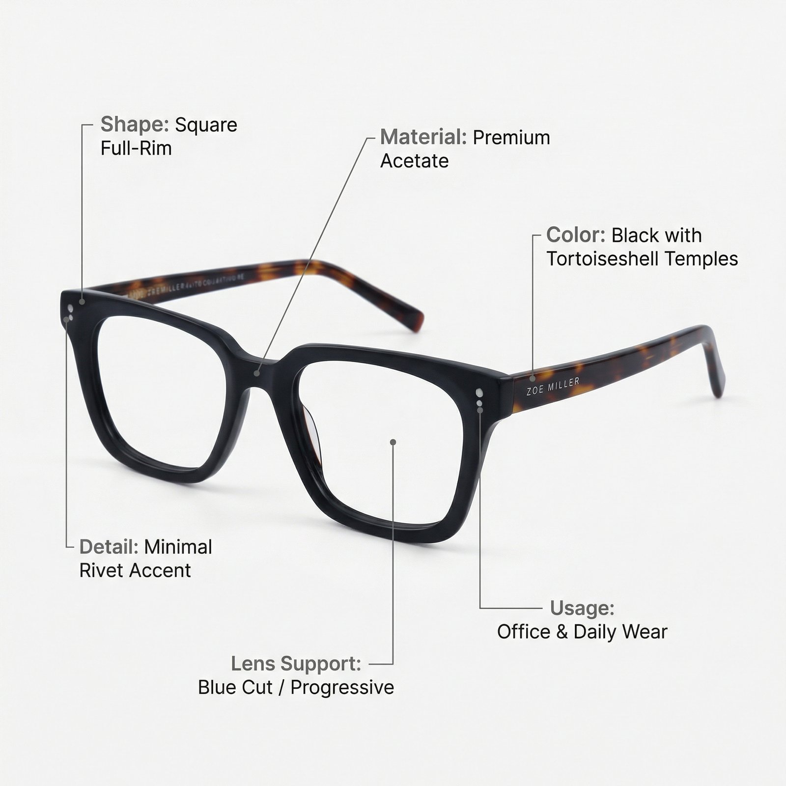 OG Noir Havana Full Rim Square Eyeglasses | Glossy Black Front Premium Optical Frame for Women