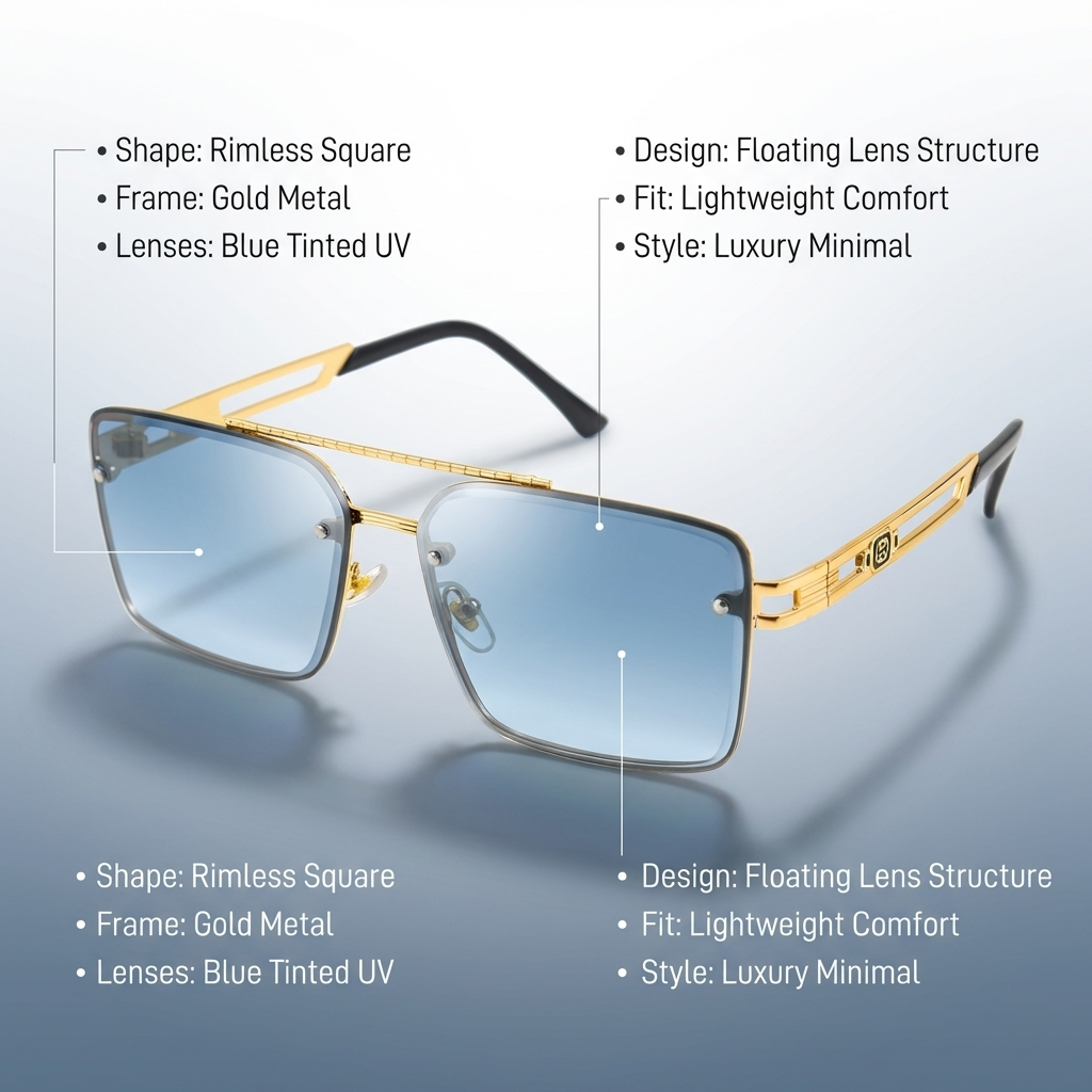 OG Regal Frame | Gold Square Rimless Blue Tint Sunglasses