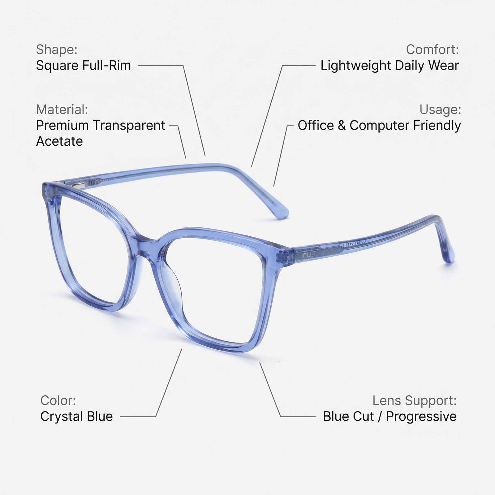 OG Sapphire Glow Full Rim Square Eyeglasses | Transparent Blue Lightweight Optical Frame for Women