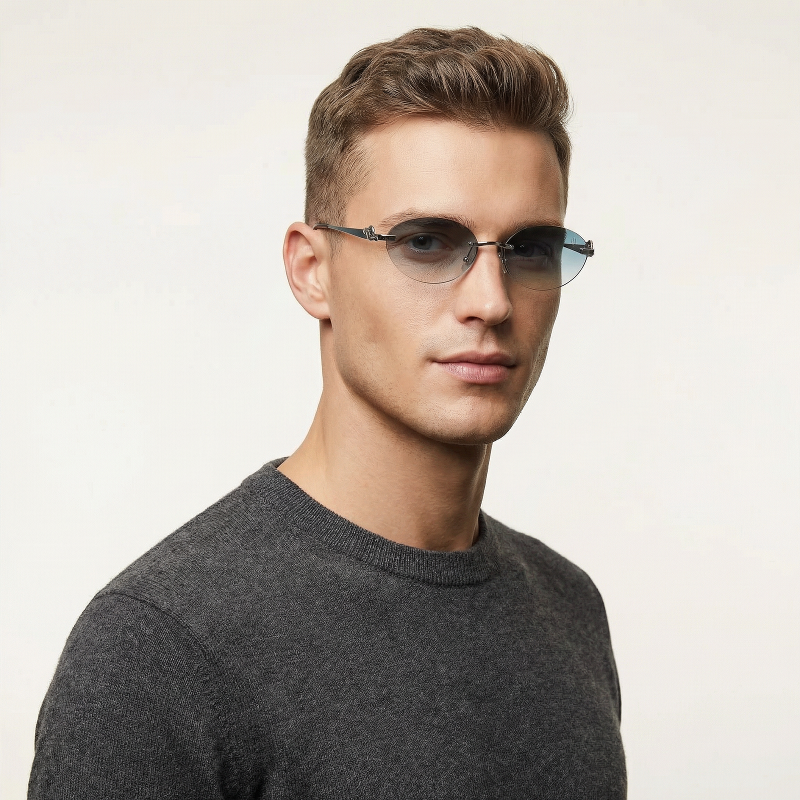 OG Sky Drift | Silver Rimless Oval Blue Sunglasses