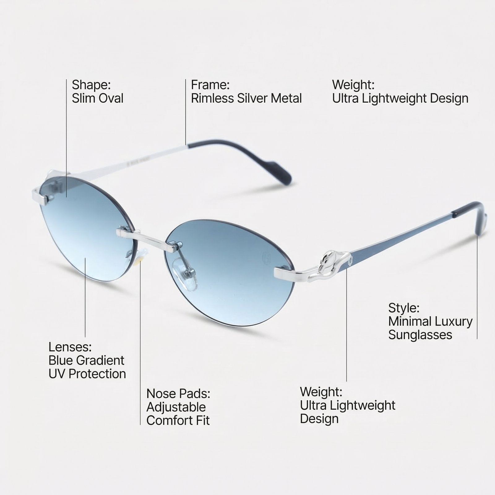 OG Sky Drift | Silver Rimless Oval Blue Sunglasses
