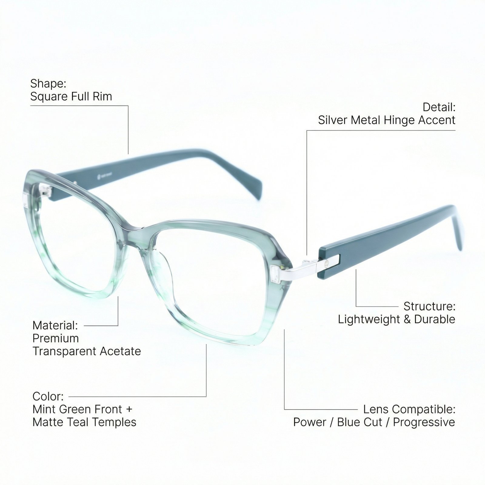 OG Sky Glow Full Rim Square Eyeglasses | Transparent Ice Blue Lightweight Optical Frame for Women
