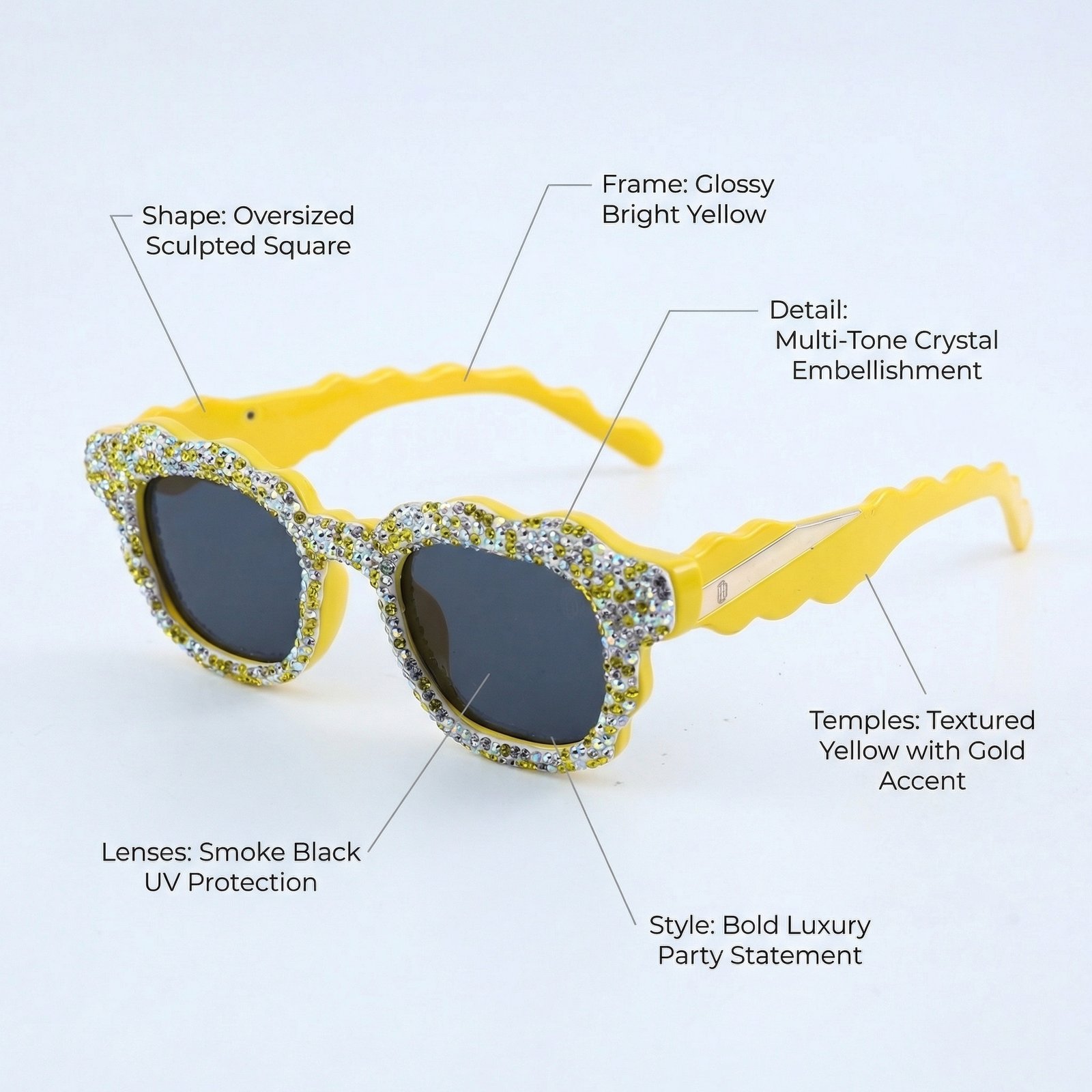 OG Sunshine Sparkle Wave Sunglasses | Yellow Crystal-Studded Luxury Statement Shades for Women
