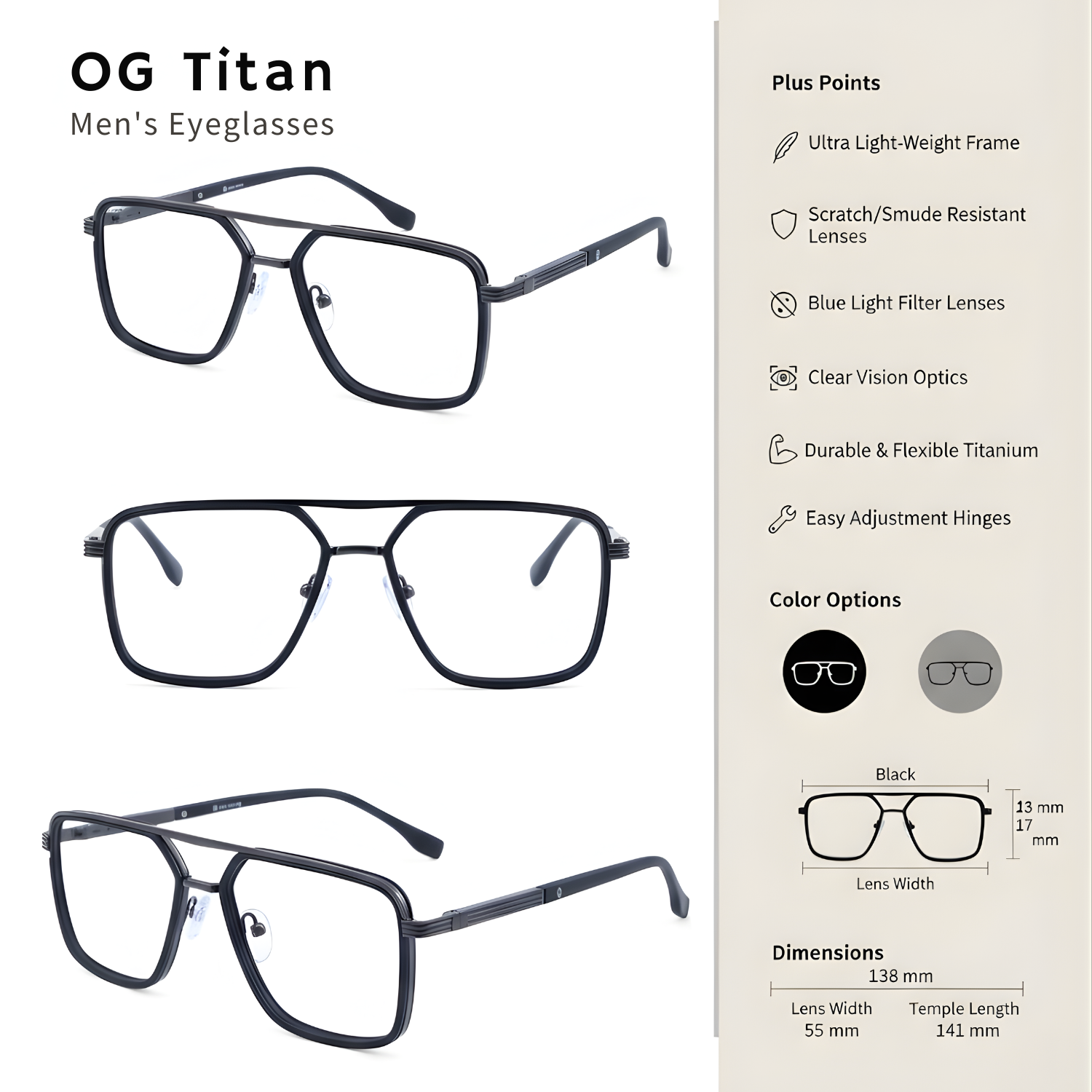 OG Titan Men’s Eyeglasses | Premium Metal Square Optical Frame in Black & Violet