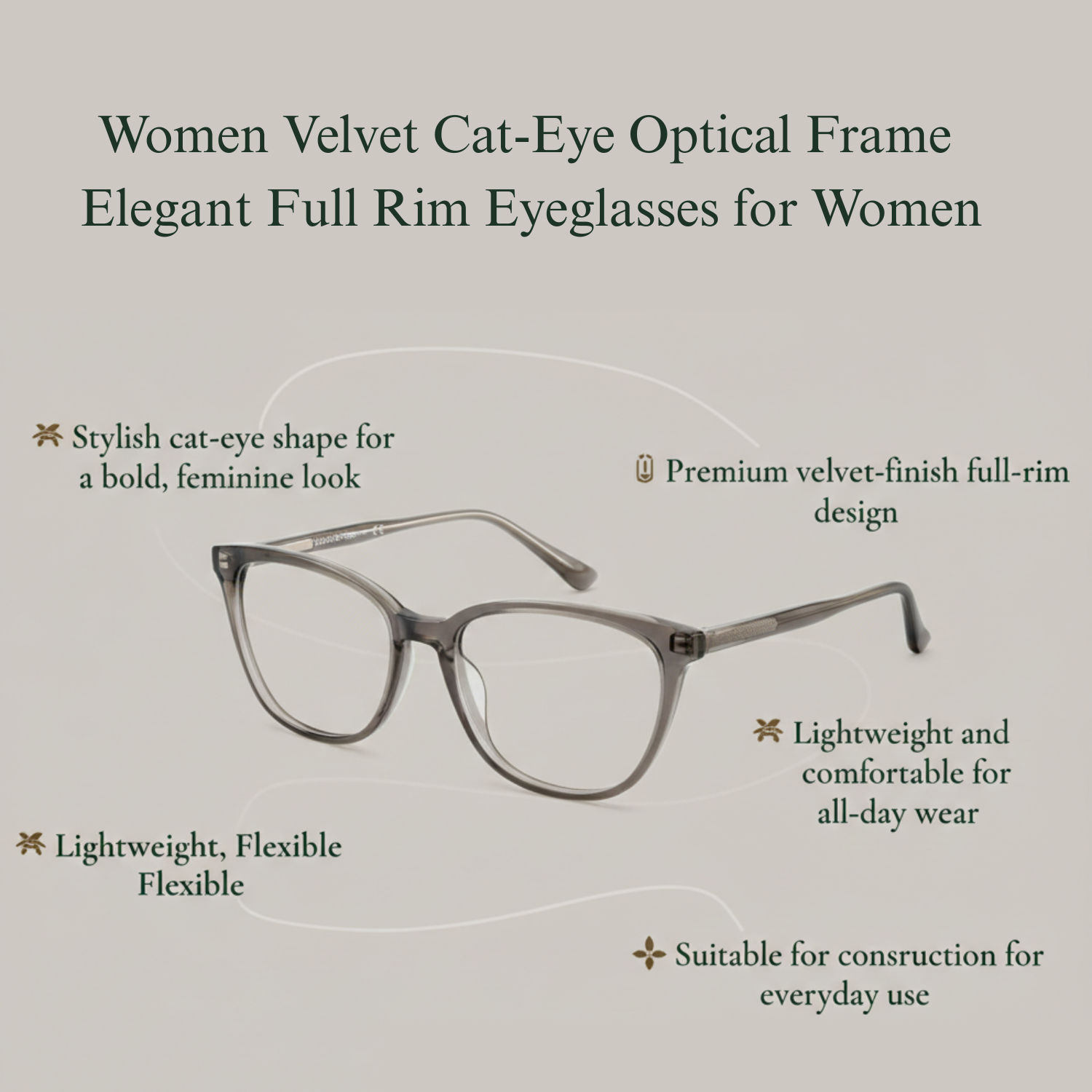 Women Velvet Cat-Eye Optical Frame | Elegant Full Rim Eyeglasses for Women